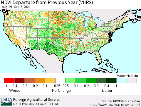 United States NDVI Departure from Previous Year (VIIRS) Thematic Map For 9/1/2021 - 9/10/2021
