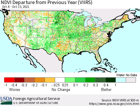 United States NDVI Departure from Previous Year (VIIRS) Thematic Map For 10/11/2021 - 10/20/2021