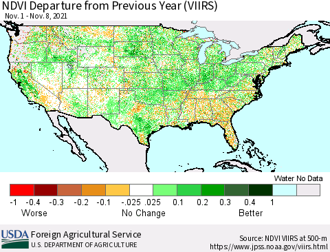 United States NDVI Departure from Previous Year (VIIRS) Thematic Map For 11/1/2021 - 11/10/2021