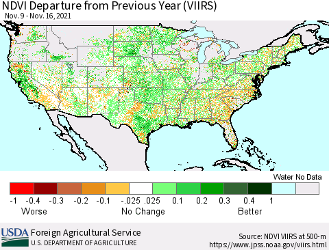 United States NDVI Departure from Previous Year (VIIRS) Thematic Map For 11/11/2021 - 11/20/2021