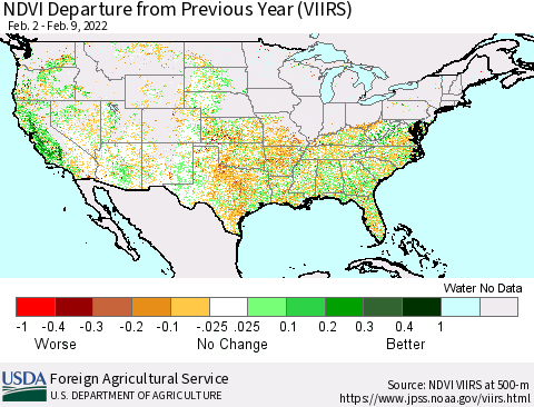 United States NDVI Departure from Previous Year (VIIRS) Thematic Map For 2/1/2022 - 2/10/2022