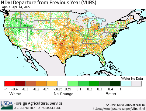 United States NDVI Departure from Previous Year (VIIRS) Thematic Map For 4/11/2022 - 4/20/2022