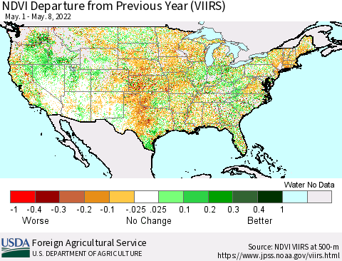 United States NDVI Departure from Previous Year (VIIRS) Thematic Map For 5/1/2022 - 5/10/2022