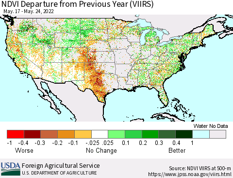 United States NDVI Departure from Previous Year (VIIRS) Thematic Map For 5/21/2022 - 5/31/2022