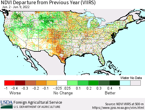 United States NDVI Departure from Previous Year (VIIRS) Thematic Map For 6/1/2022 - 6/10/2022