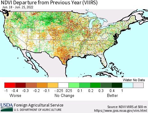 United States NDVI Departure from Previous Year (VIIRS) Thematic Map For 6/21/2022 - 6/30/2022