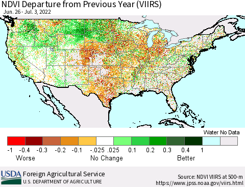 United States NDVI Departure from Previous Year (VIIRS) Thematic Map For 7/1/2022 - 7/10/2022