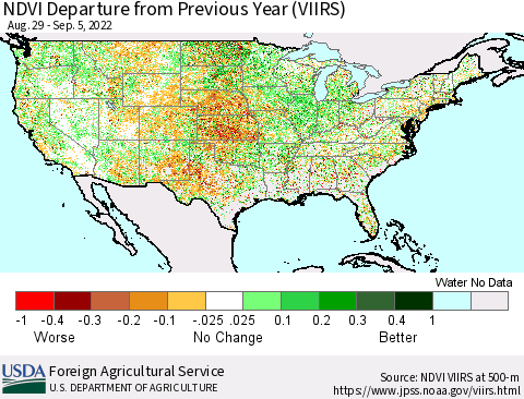 United States NDVI Departure from Previous Year (VIIRS) Thematic Map For 9/1/2022 - 9/10/2022