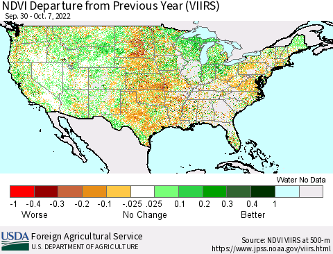 United States NDVI Departure from Previous Year (VIIRS) Thematic Map For 10/1/2022 - 10/10/2022
