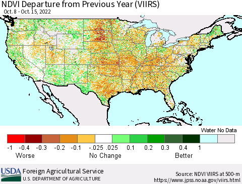 United States NDVI Departure from Previous Year (VIIRS) Thematic Map For 10/11/2022 - 10/20/2022