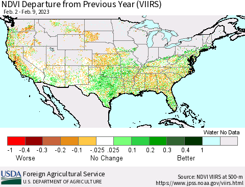 United States NDVI Departure from Previous Year (VIIRS) Thematic Map For 2/1/2023 - 2/10/2023