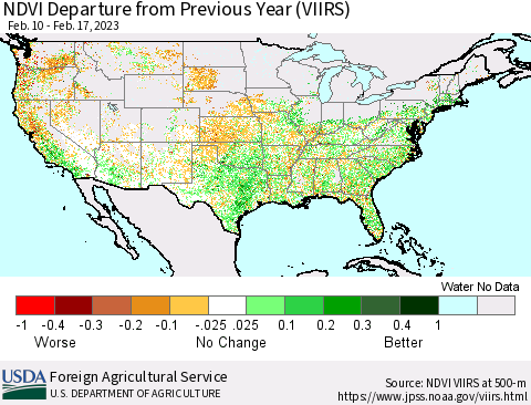 United States NDVI Departure from Previous Year (VIIRS) Thematic Map For 2/11/2023 - 2/20/2023