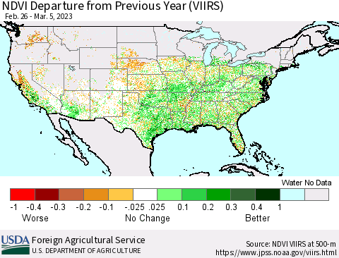 United States NDVI Departure from Previous Year (VIIRS) Thematic Map For 3/1/2023 - 3/10/2023