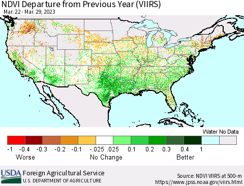 United States NDVI Departure from Previous Year (VIIRS) Thematic Map For 3/21/2023 - 3/31/2023