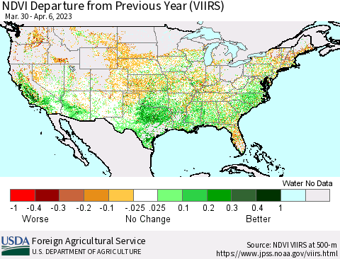 United States NDVI Departure from Previous Year (VIIRS) Thematic Map For 4/1/2023 - 4/10/2023