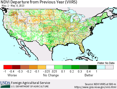 United States NDVI Departure from Previous Year (VIIRS) Thematic Map For 5/1/2023 - 5/10/2023