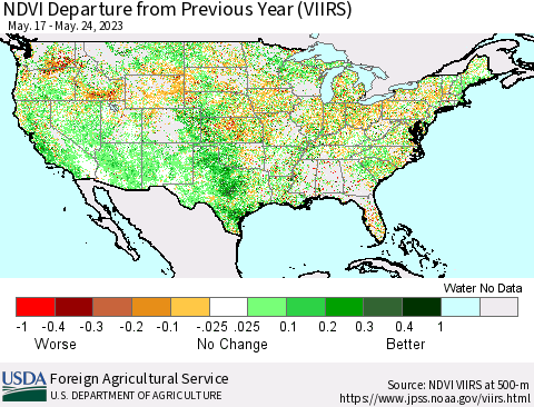 United States NDVI Departure from Previous Year (VIIRS) Thematic Map For 5/21/2023 - 5/31/2023