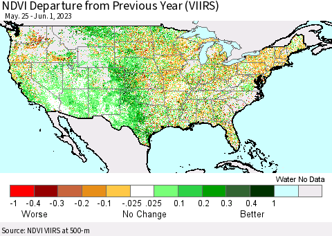 United States NDVI Departure from Previous Year (VIIRS) Thematic Map For 5/25/2023 - 6/1/2023