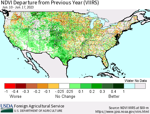 United States NDVI Departure from Previous Year (VIIRS) Thematic Map For 6/11/2023 - 6/20/2023