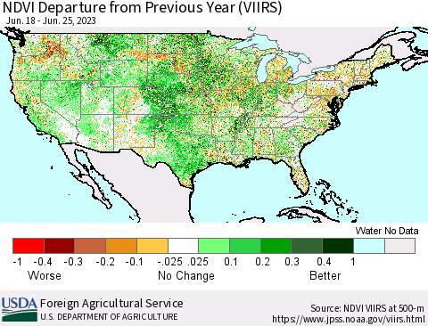 United States NDVI Departure from Previous Year (VIIRS) Thematic Map For 6/21/2023 - 6/30/2023
