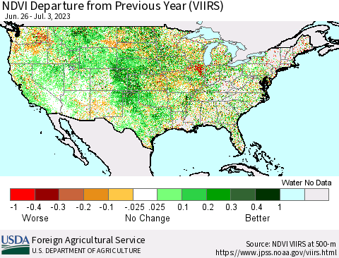 United States NDVI Departure from Previous Year (VIIRS) Thematic Map For 7/1/2023 - 7/10/2023