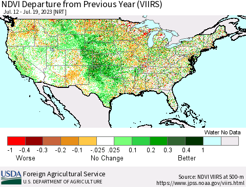 United States NDVI Departure from Previous Year (VIIRS) Thematic Map For 7/11/2023 - 7/20/2023