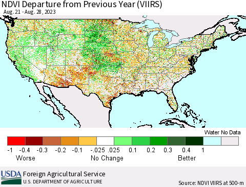 United States NDVI Departure from Previous Year (VIIRS) Thematic Map For 8/21/2023 - 8/31/2023