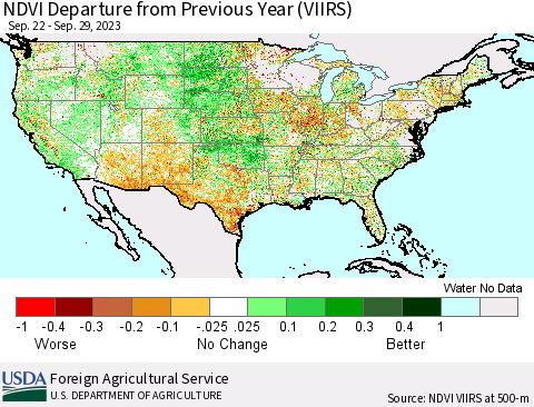 United States NDVI Departure from Previous Year (VIIRS) Thematic Map For 9/21/2023 - 9/30/2023