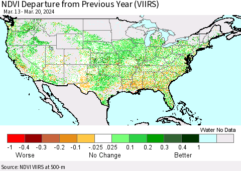 United States NDVI Departure from Previous Year (VIIRS) Thematic Map For 3/13/2024 - 3/20/2024