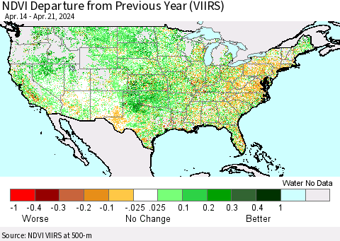 United States NDVI Departure from Previous Year (VIIRS) Thematic Map For 4/14/2024 - 4/21/2024