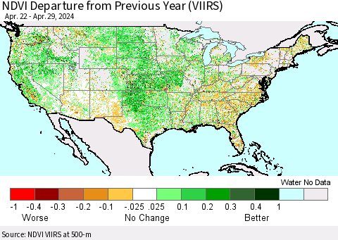 United States NDVI Departure from Previous Year (VIIRS) Thematic Map For 4/22/2024 - 4/29/2024