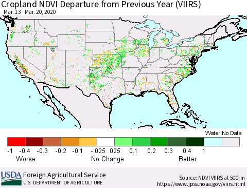 United States Cropland NDVI Departure from Previous Year (VIIRS) Thematic Map For 3/11/2020 - 3/20/2020