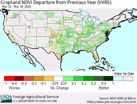 United States Cropland NDVI Departure from Previous Year (VIIRS) Thematic Map For 3/21/2020 - 3/31/2020