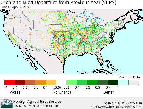 United States Cropland NDVI Departure from Previous Year (VIIRS) Thematic Map For 4/11/2020 - 4/20/2020