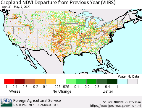 United States Cropland NDVI Departure from Previous Year (VIIRS) Thematic Map For 5/1/2020 - 5/10/2020