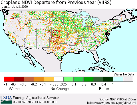 United States Cropland NDVI Departure from Previous Year (VIIRS) Thematic Map For 6/1/2020 - 6/10/2020