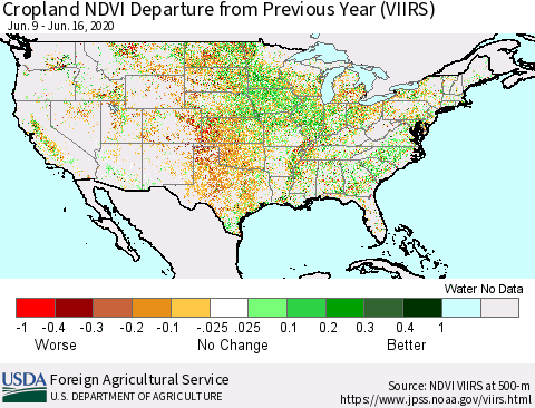United States Cropland NDVI Departure from Previous Year (VIIRS) Thematic Map For 6/11/2020 - 6/20/2020