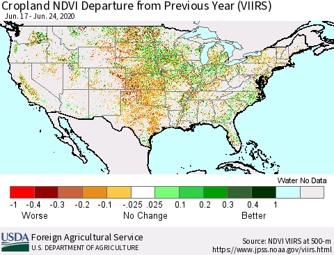 United States Cropland NDVI Departure from Previous Year (VIIRS) Thematic Map For 6/21/2020 - 6/30/2020