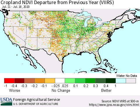 United States Cropland NDVI Departure from Previous Year (VIIRS) Thematic Map For 7/11/2020 - 7/20/2020
