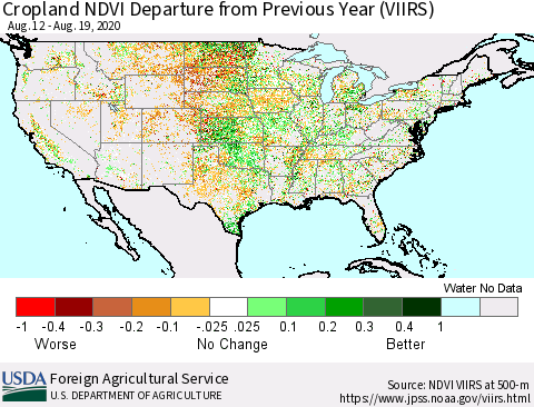 United States Cropland NDVI Departure from Previous Year (VIIRS) Thematic Map For 8/11/2020 - 8/20/2020