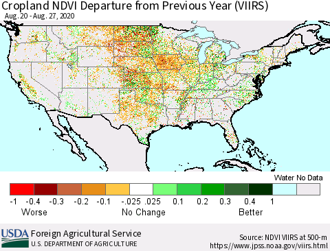 United States Cropland NDVI Departure from Previous Year (VIIRS) Thematic Map For 8/21/2020 - 8/31/2020