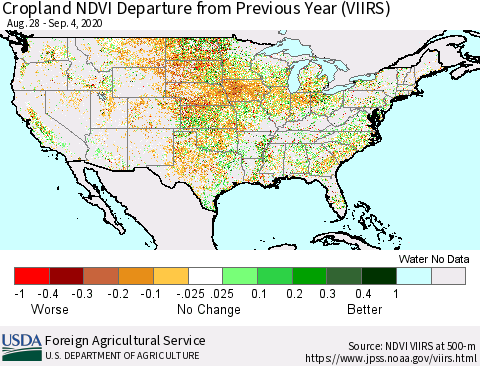 United States Cropland NDVI Departure from Previous Year (VIIRS) Thematic Map For 9/1/2020 - 9/10/2020
