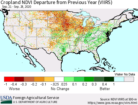 United States Cropland NDVI Departure from Previous Year (VIIRS) Thematic Map For 9/21/2020 - 9/30/2020