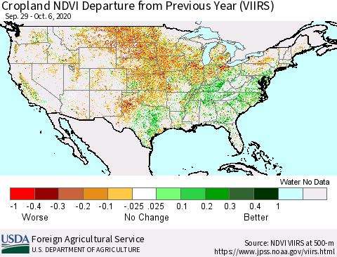 United States Cropland NDVI Departure from Previous Year (VIIRS) Thematic Map For 10/1/2020 - 10/10/2020