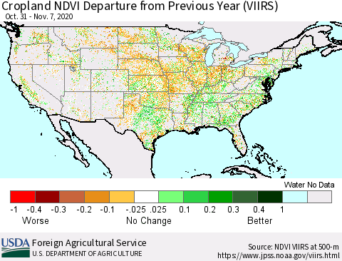 United States Cropland NDVI Departure from Previous Year (VIIRS) Thematic Map For 11/1/2020 - 11/10/2020