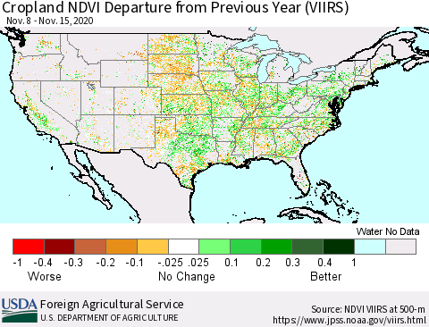 United States Cropland NDVI Departure from Previous Year (VIIRS) Thematic Map For 11/11/2020 - 11/20/2020