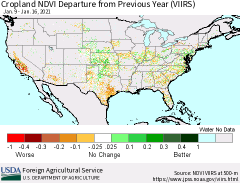United States Cropland NDVI Departure from Previous Year (VIIRS) Thematic Map For 1/11/2021 - 1/20/2021