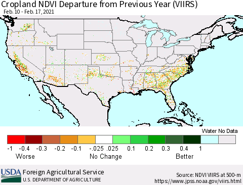 United States Cropland NDVI Departure from Previous Year (VIIRS) Thematic Map For 2/11/2021 - 2/20/2021