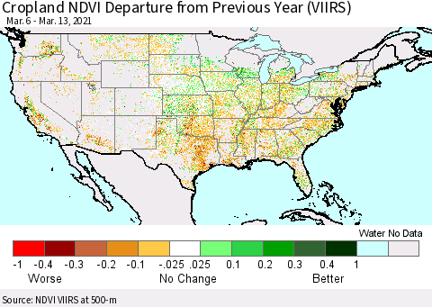 United States Cropland NDVI Departure from Previous Year (VIIRS) Thematic Map For 3/6/2021 - 3/13/2021