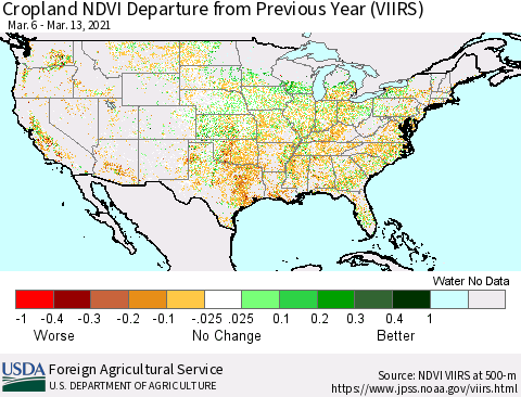 United States Cropland NDVI Departure from Previous Year (VIIRS) Thematic Map For 3/11/2021 - 3/20/2021